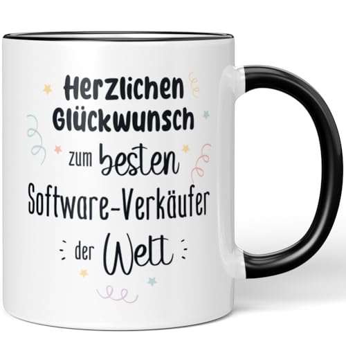 JUNIWORDS Tasse, Herzlichen Glückwunsch zum besten Software-Verkäufer der Welt, Schwarz (7654061)