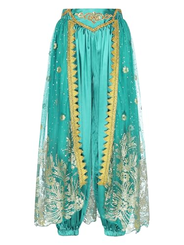 Agoky Damen Metallic Glänzend Hose Hip Hop Baggy Pants High Waist Tanzhose Glitzer Elastischer Bund Sporthose Fasching Bauchtanz Kostüm B Pfauenblau B Einheitsgröße