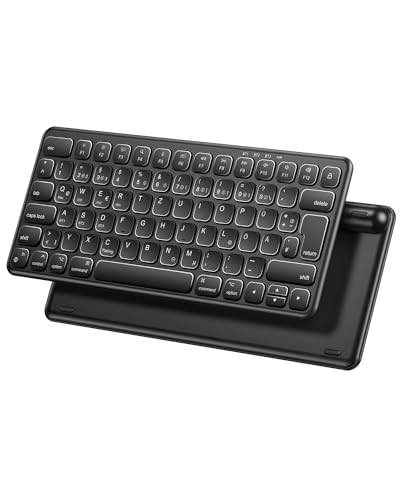 TECURS Kabellose Bluetooth Tastatur mit 3 Bluetooth Kanälen, Ultraflache Tragbare Wiederaufladbare Mini Tastatur Kabellos, Deutsches Layout QWERTZ Tastatur für Windows/Android/Mac/iOS, Schwarz