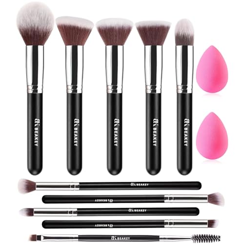 BEAKEY Pinselset Makeup Professionelles Foundation Make up Pinsel Set Premium Puderpinsel Lidschatten Blush Schminkpinsel Set Beauty Schwamm (10+2 Stück, Silber)