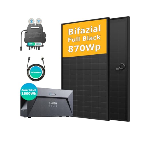 Balkonkraftwerk mit Speicher-Anker Solix E1600 1.6KW Speicher mit JaSolar 870W Full Black Bifaziale Glas-Glas Solarmodule und 800W Mikro-Wechselrichter mit 5m Kabel Komplett Steckdose