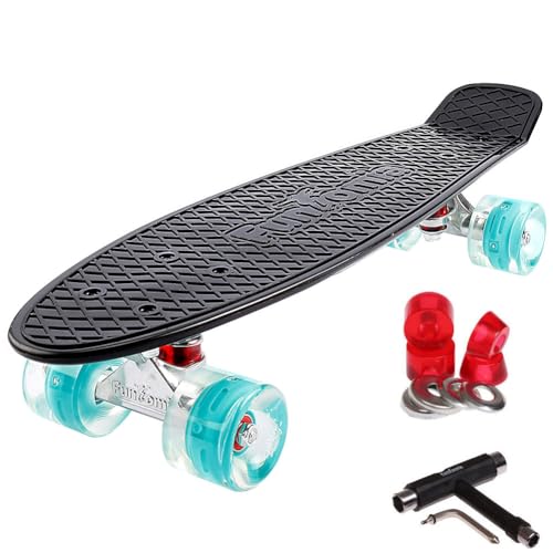 FunTomia 57cm Mini-Cruiser Board Skateboard mit oder ohne LED Leuchtrollen inkl. Aluminium Truck, ABEC-9 Kugellager und T-Tool (Schwarz mit Petrol LED Rollen)