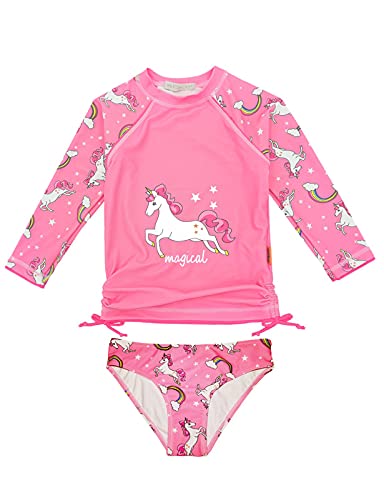 weVSwe Mädchen Bademode UPF 50+ UV-Schutz Rash Guard Zweiteiliger Kleinkind Langarm Badeanzug Regenbogen Schleife Knoten Rosa Einhorn 3/4 Jahre