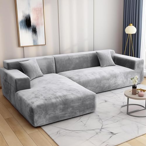 HEYOMART Sofabezug Ecksofa L Form Stretch Plüsch Sofa Überzug Universal Couchbezug Für 1/2/3/4 Sitzer - 3 Sitzer, Grau (L Form Ecksofa Erfordert Zwei)