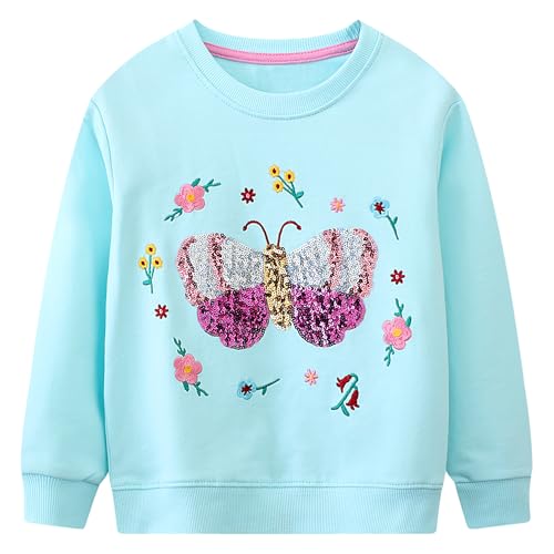 FILOWA Sweatshirt Kinder Mädchen Pailletten Schmetterling Blumen Stickereien Herbstpullover Sport Kinder Sweatshirt Pullover Blau Baumwolle Top Casual Jumper Kleinkind Sweatshirt 3-4 Jahre, Gr.98-104