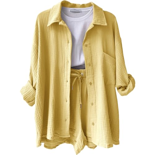 Generisch Gym Outfit Damen Set, Zweiteiler Sommer Musselin Schlafanzug Langarm Bluse Hemd Und Shorts Clothes Strand Outfit Lang Baumwolle Hausanzug (XXL, Yellow)