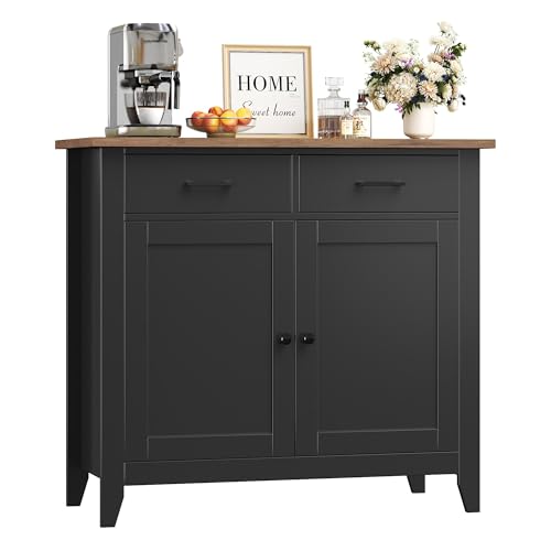 HOCSOK Küchenschrank mit Arbeitsplatte, Sideboard mit 2 Schubladen und 2 Türen, Buffetschrank für Küche, Wohnzimmer, Esszimmer, Flur, Holz, Landhausstil