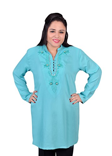 Egypt Bazar Bestickte Damen-Tunika Top/Bluse Tunika-Kleid, Farbe: hell-blau (56-58 (3XL))