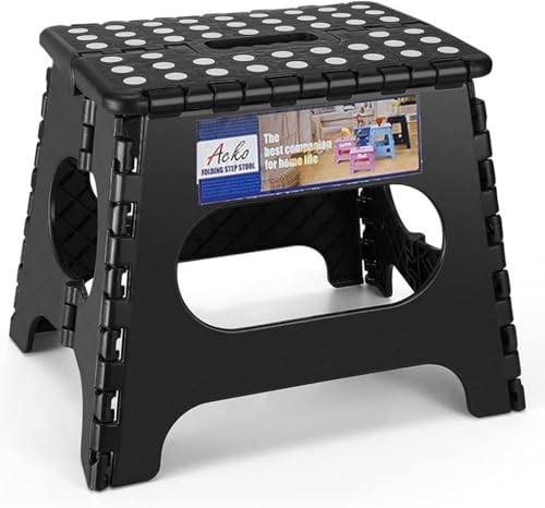 Blauesmeer Tritthocker Klappbar 27cm Schwarz, Klapphocker Faltbar mit 150 kg Tragkraft, Anti-Rutsch Oberfläche & Tragegriff - Platzsparender Klappbarer Hocker für Küche, Bad, Camping und Kinder