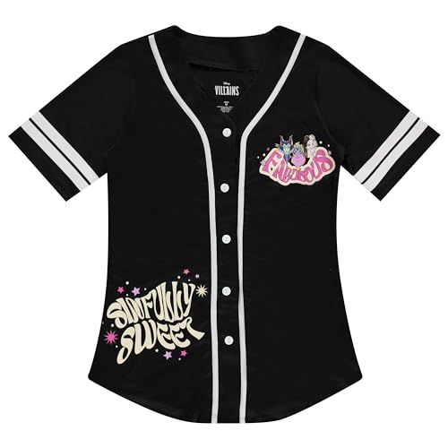 Disney Baseballtrikot für Damen, Villains, Ursela, Cruella de Vil und Maleficent, Netzstoff, Button-Down-Baseballtrikot, Schwarz Weiß, Klein