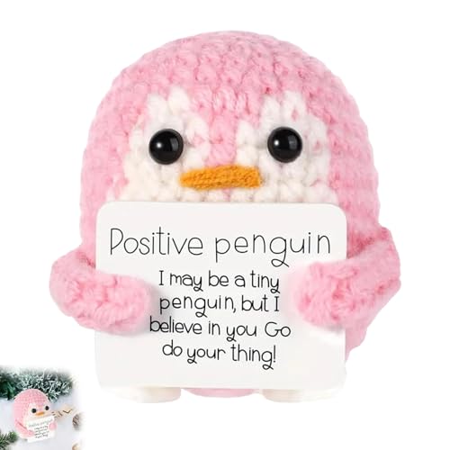 LEOEASIY Positive Penguin Geschenke,Lustiger Positiver Pinguin,Niedliche Positiver Pinguin Puppe Aus Wolle,Positive Penguin Geschenke,Süßes Gestricktes Pinguin Spielzeug(Rosa)