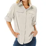 yeyity Hemdbluse Damen UPF 50+ UV Schutz Langarmshirt Damen Outdoor Wanderhemd Safari Kleidung Damen Atmungsaktiv Quick Dry Casual Tops Sport Oberteile(5071,Light Khaki,XL)