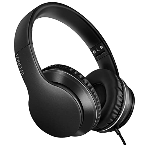 LORELEI X6 Over-Ear-Kopfhörer mit Mikrofon, leicht, faltbar, tragbar, Stereo-Bass-Kopfhörer mit 1,45 m No-Tangle, kabelgebundene Kopfhörer für Smartphone, Tablet, MP3/4 (Space Black)