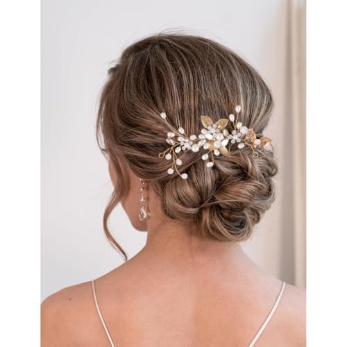 Braut Hochzeit Haarkämme Braut Haarspangen Blume Blatt Kristall Haarnadeln Reben Blume Blatt Perle Kopfschmuck Haarschmuck für Frauen und Mädchen (Gold)