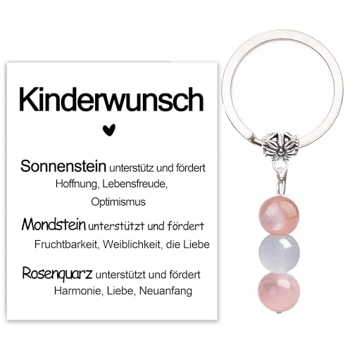 MKISHINE Schlüsselanhänger Kristall Kinderwunsch Geschenk Motivations Postkarte Edelsteine, Edelstein, Glück, Fruchtbarkeit, Mondstein, Aquamarin, Rosenquarz