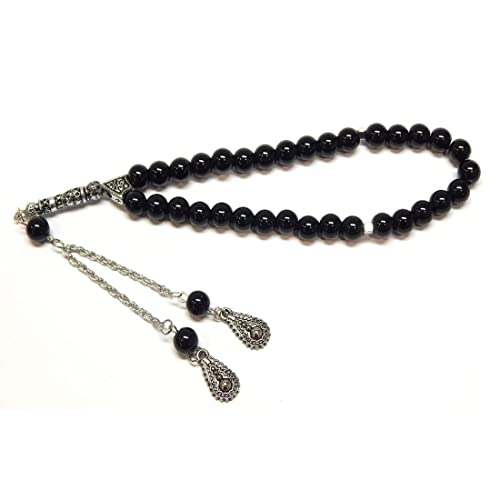 Gebetskette Tesbih Tasbih Tespih Misbaha Subha 33, 23cm, Muslimisches Islamic Rosenkranz Prayer Anbetungszubehör Halbedelstein Poliert Onyx Schawarz Perlen Rund 8mm