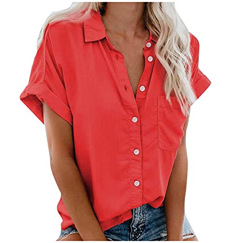 CGGMVCG Button-Down-Shirts für Damen, kurzärmelig, einfarbig, Business, Freizeit, Arbeitskleidung, Büro, Bluse, Tops, Rot/Ausflug, einfarbig (Getaway Solids), Klein