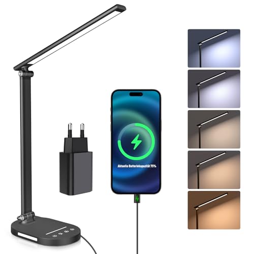 HASKARE Schreibtischlampe LED Dimmbare Tischlampe, 5 Farbmodi und 5 Helligkeitsstufen Blendfreie Augenschutz-Desk Lamp, USB-Ladeanschluss，Mit 5V/2A Netzadapter