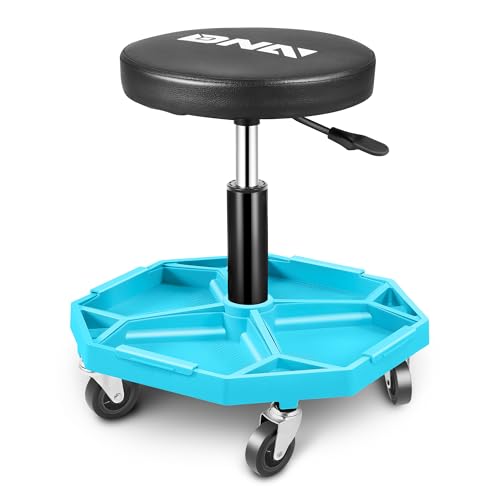 DNA MOTORING TOOLS-00480 Pneumatischer Garagensitz, rollbarer Mechaniker-Hocker mit Werkzeugablage, maximale Tragkraft von 136 kg, Blau