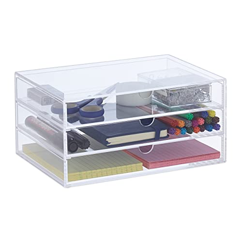 Relaxdays Schubladenbox Acryl, HBT: 11,5 x 23,5 x 16,5 cm, Organizer Kosmetik, Büro, Acrylbox mit 3 Fächern, transparent