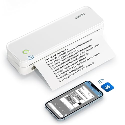 JADENS Portable Drucker, A4 Thermodrucker, Bluetooth Mobile Tragbarer Drucker A4, Wireless No-Ink Reisedrucker, kompatibel mit Android und iOS für Unterwegs & Laptop