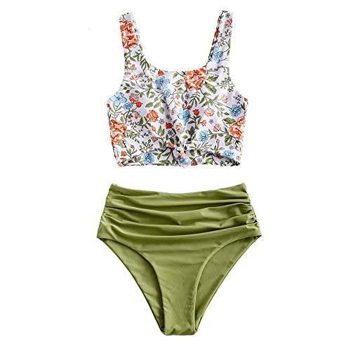 ZAFUL Zweiteiliger Bikini Set, verknotet Oberteil Tankini mit Blumenmuster Sexy Beachwear Sommer （2XL,Blumen-Zwiebelgrün）