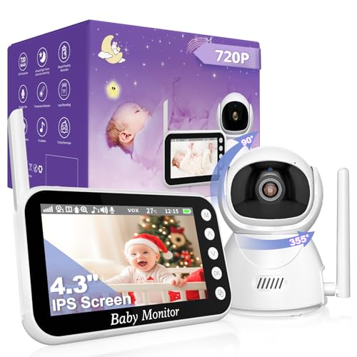 OBVHNUA Babyphone mit Kamera 4,3 Zoll Video Babyphone 720p 2000mah Akku Videoaufzeichnung Digitalzoom Zwei-Wege-Audio VOX-Modus Nachtsicht Temperaturüberwachung 8 Schlaflied 5 Wecker