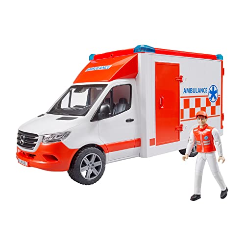 bruder 02676 - Mercedes-Benz Sprinter Ambulanz integriertes Light & Sound Modul Krankentrage Fahrer Einsatzfahrzeug Sanitäter Rettungswagen Rettungs-Dienst bworld 1:16