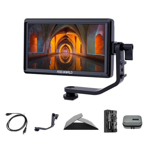 Feelworld S55 V3 6 Zoll DSLR Kamera Field Monitor Small Full HD 3DLUT 1920x1080 IPS Peaking Focus Video Assist mit 4K HDMI 8.4V DC Input Output Komplett mit Batterie und Tasche,Tilt Arm