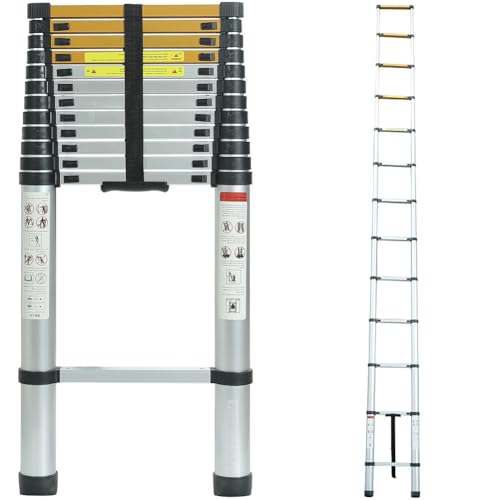 ANDIARBEIT Höhenangst Teleskopleiter aus Aluminium, kompakt & faltbar, max. Belastbarkeit 150 kg, rutschfeste Sprossen & gummierte Füße, für Haus & Garten (5 m)
