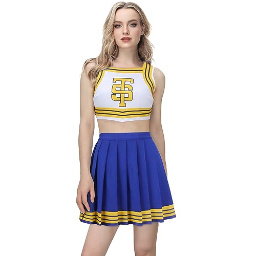 Mokkin Tay Tay Cheerleader-Kostüm für Erwachsene, Mädchen, schnelles Cheerleading-Crop-Top mit Faltenrock, Halloween-Outfit (Blau, Größe XS)