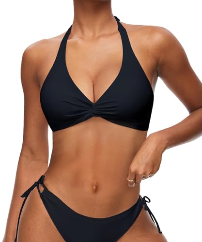 Navneet Damen Bikini Oberteil Push Up Sport Bikini Triangel Neckholder Bikinis Bademode Vacation Swimsuits Schwarz L