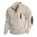 WKAYsIV Herren Pullover Elegant Sexy und Ärmeln, Vintage-Print, lockeres, lässiges Cord-Sweatshirt mit Vier Knöpfen Sweater Unisex (Beige, XXL)