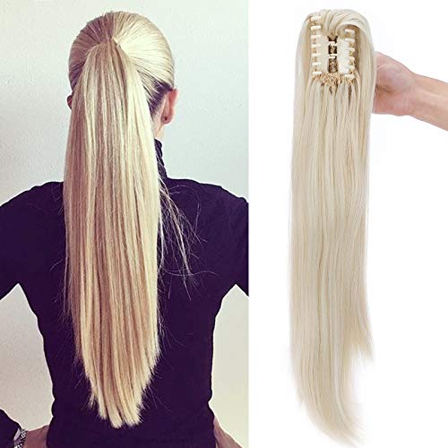 Ponytail Extension Pferdeschwanz Zopf mit Klammer Haarteil Haarverlängerung Hair Piece Haar Hitzebeständig Micro-wavy wie Echthaar 22"(55cm) Gebleichtes Blond