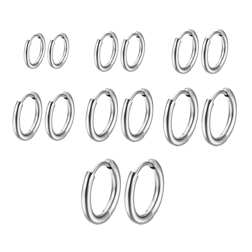 7 Paar Creolen Klein Ohrring Aus Edelstahl Für Damen Und Herren Für Damen Herren Chirurgenstahl Knorpel Hypoallergenes Ohrring-Set, 8–20 Mm (Silber)