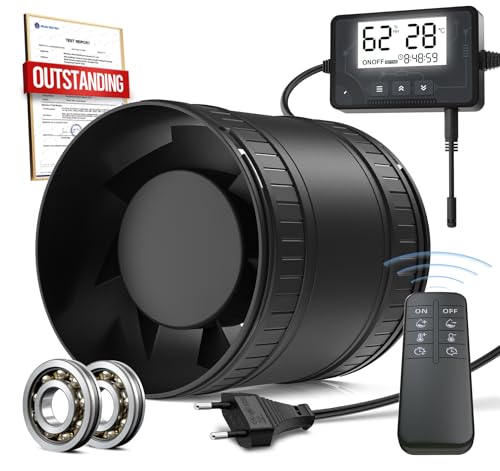 BUMSOU 100mm Rohrventilator mit Fernbedienung, Leise Rohrlüfter mit Feuchtigkeitssensor Temperatursensor Timer, 5-in-1 Abluftventilator mit Überhitzungsschutz, Rauchabzug Ventilator für Bad WC Garage