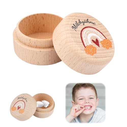 PetGlimmer Milchzahndose Holzschale aus Holz, Zahndose Milchzähne, Zahnbox für Milchzähne Junge Mädchen mit Kindgerechtem Regenbogenherzdruck, Baby Holz Milchzahndose Als Erinnerung an den Ersten Zahn
