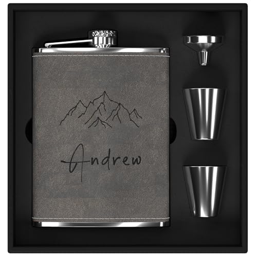 Flachmann Set mit Gravur der Berge, Flachmann Edelstahl 8oz/237ml Personalisiert für Geburtstagsgeschenke, Personalisierte Geschenke für Männer Ihn Camper Wanderer (Grau)