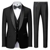 KUDMOL Herren 3 Stücke Anzug Slim Fit EIN Knopf Schal Revers für Hochzeit Prom Blazer Weste Hosen Set(Schwarz, L)