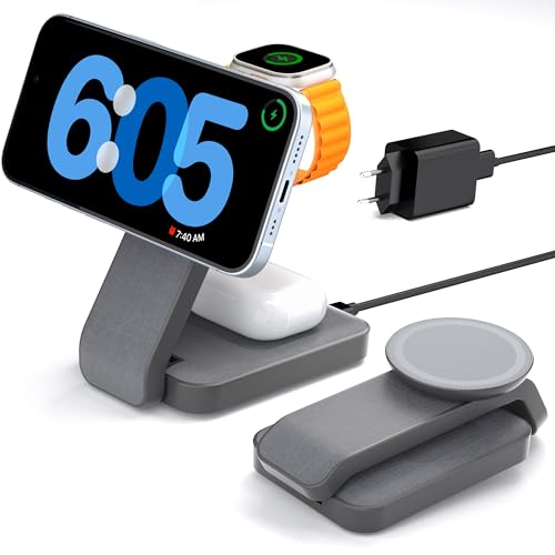 Eazpower Magsafe Ladestation 3 In 1 Faltbar, iPhone Ladestation Magsafe Ladegerät Apple Watch und iPhone Mehrere Geräte, Reisen Tragbar Wireless Charger (mit QC3.0 Adapter)