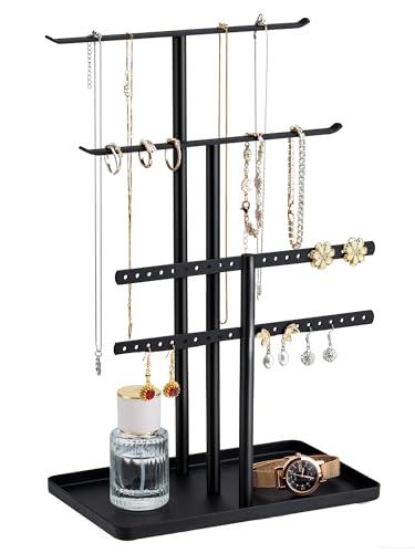 Schwarz Schmuck Organizers, Schmuckständer 32cm Groß, 4 Ebenen Robust Schmuckaufbewahrung Reise, Schmuckschrank Organizer für Halskette, Armband, Parfüm und Ohrringe, Deko Aesthetic Accessoires