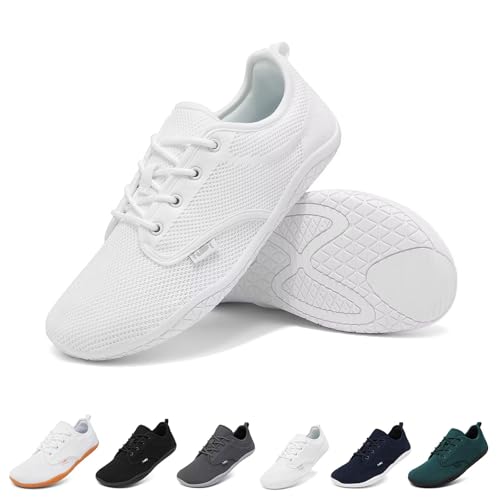 Geweo Barfußschuhe Sneaker Herren Barfuss Schuhe Damen Barfuß Turnschuhe Bequem Laufschuhe Fitnessschuhe Straßenlaufschuhe Sommer Minimalistische Walkingschuhe Barefoot Shoes, Rein Weiß 38 EU