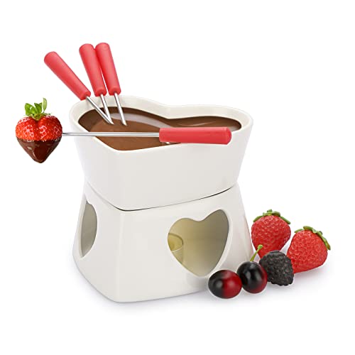 TOLIDA Keramik-Schokofondue-Set Weißer Herzförmiger Schokoladenschmelztopf Käsefonduetopf aus Porzellan mit 4 Gabeln 320ML Mini Hitzebeständigbrenner Teelichtfondue für Süßigkeiten Butter Käse