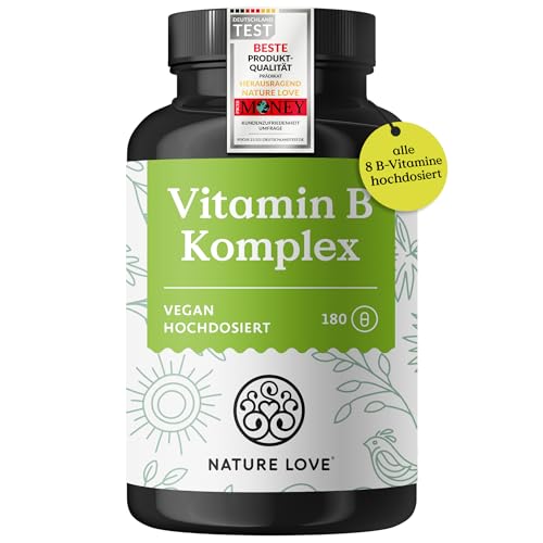 NATURE LOVE® Vitamin B Komplex – Hochdosiert: Mit 500 µg Vitamin B12 – 180 Kapseln (6 Monate) – alle 8 B-Vitamine (B1, B2, B3, B5, B6, B7, B9, B12) – vegan, laborgeprüft und in Deutschland produziert