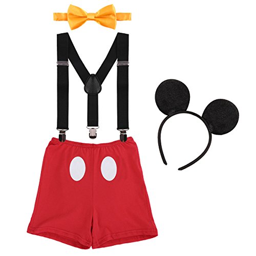 IBTOM CASTLE Neugeborenen Kleinkind Baby 1./2./3. Geburtstag Mickey Mouse Halloween Kostüm Outfit Hosen+Fliege+Clip-on Hosenträger+Maus Ohren 4pcs Bekleidungssets Foto-Shooting 008 Rot 2-3 Jahre