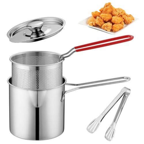 2L Frittiertopf, Stainless Steel Oil Filter Pot, Ölfiltertopf aus 304 Edelstahl, Fettbehälter mit Feinmaschfilter für Küche/Camping (Fritteusen-Set mit rotem Griff)