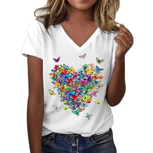 Damen T-Shirt mit V-Ausschnitt lässiges Oberteil für tägliche Aktivitäten weiches bequemes Design perfektes Sommeroberteil für Freizeit ideal für Jeans Hosen (White, XXL)