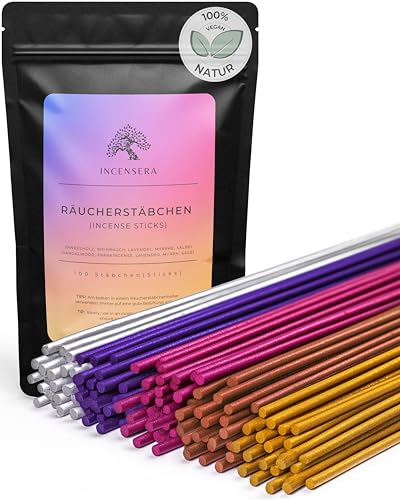 Räucherstäbchen Set - 100 Incense Sticks (5x20) - Sandelholz, Lavendel, Weihrauch, Myrrhe & Salbei - Perfekt für Meditation, Yoga, Chakren, Rauhnächte & Mückenabwehr - Weihrauch Stäbchen Entspannung