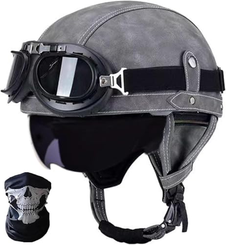 STTTBD DOT/ECE-Zulassung Leder Halbschalenhelm, Retro Motorrad Halbhelm mit Brille Schnellverschluss Schnalle Erwachsene Halbschalen Jethelm Cruiser Rollerhelm Vintage J,M=57-58CM