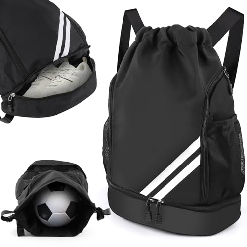 Turnbeutel mit Kordelzug, Wasserdicht Sportbeutel mit Bodenfach, Sportrucksack Gym Bag mit Innentasche, Außentasche, Turntasche für Sport,Reisen und City, Schwimmbeutel Schwarz für Damen Herren